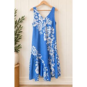 Royal Creations Hawaii Vintage Blue Floral Aloha V-Neck Ruffle Muumuu Dress L